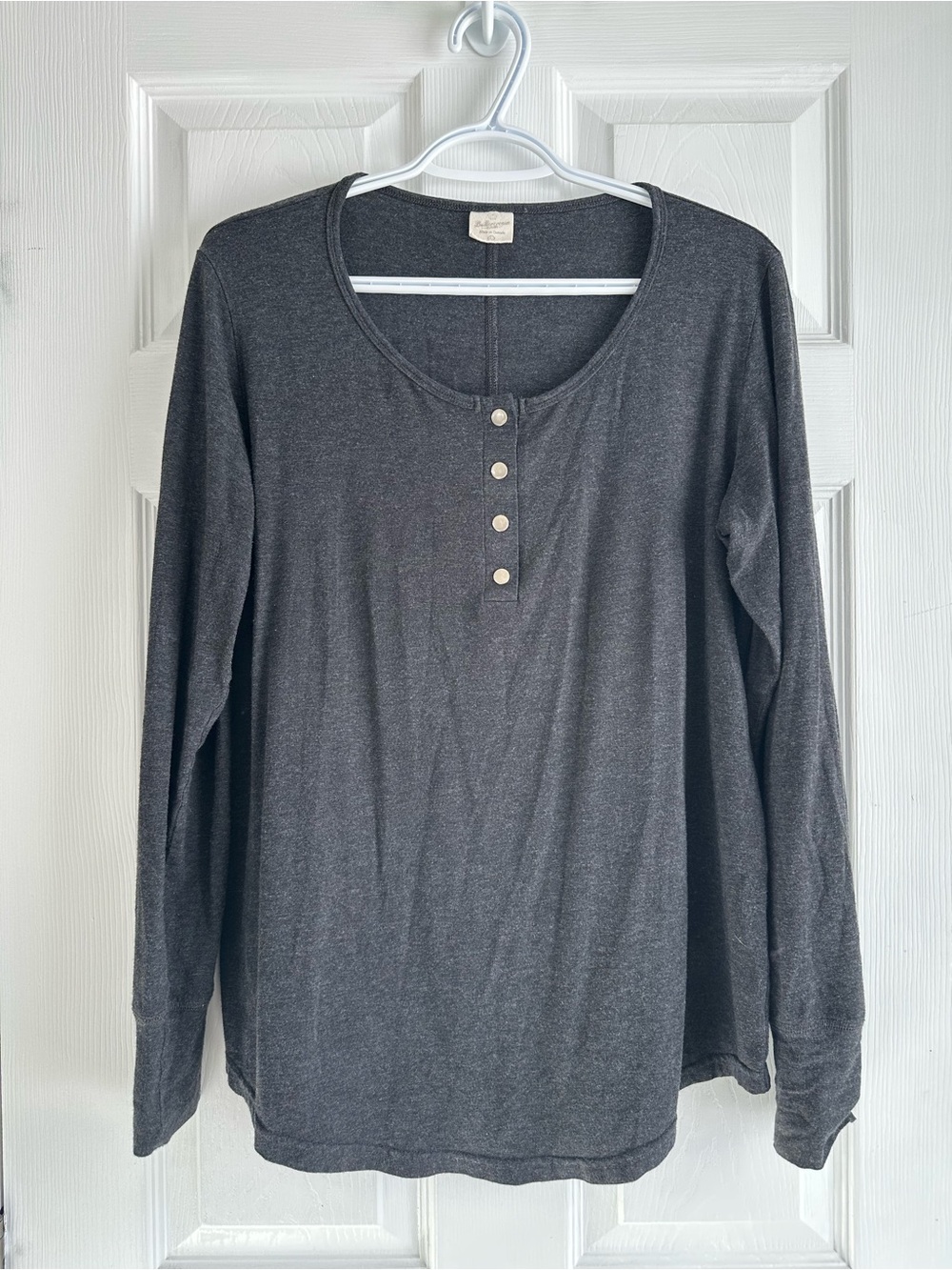 Long Sleeve Henley in Heather Charcoal, size L, Buttercream Clothing